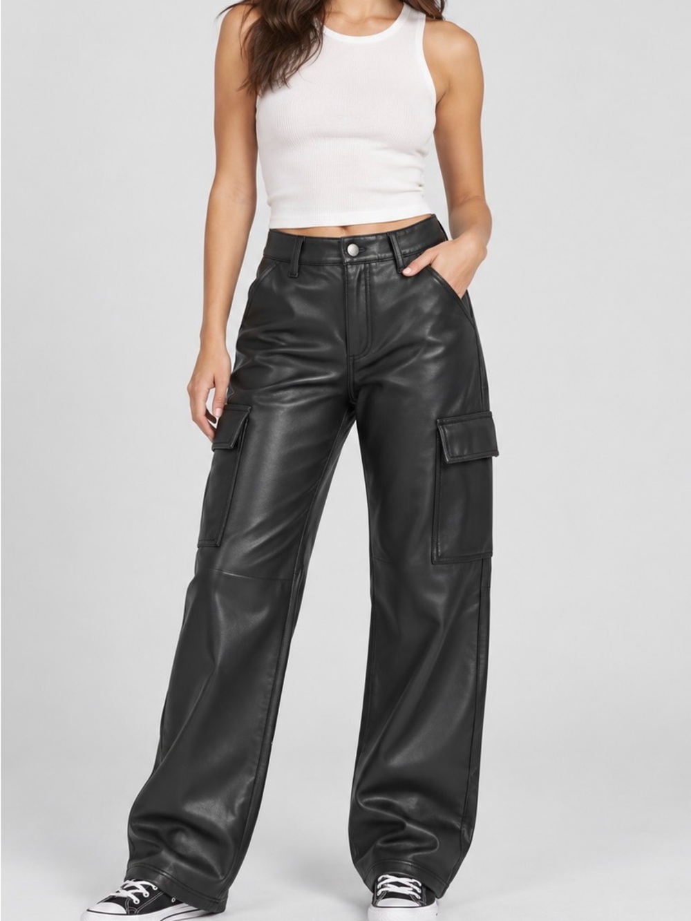 Hollister Black Wide-Leg Faux Leather Cargo Pants